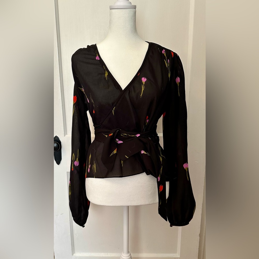 Vintage black floral wrap top